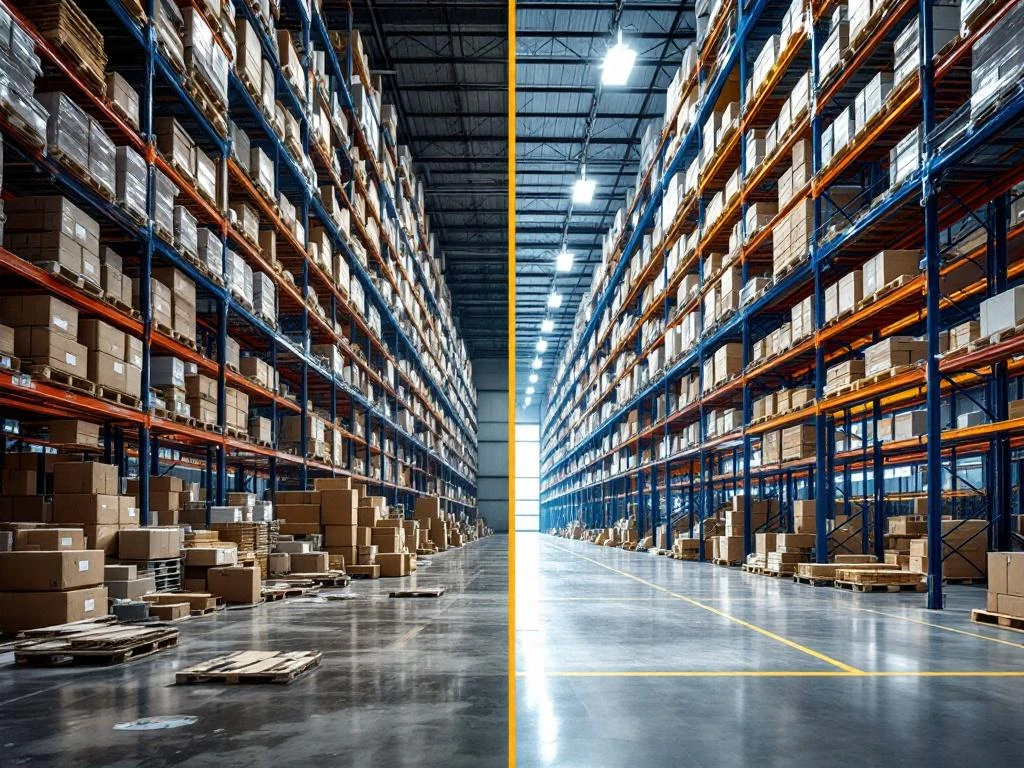 Magazijn voor-en-na transformatie: chaotische opslag links versus georganiseerde palletrekken en LED-verlichting rechts
