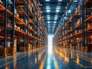 Magazijn interieur met moderne palletrekken, stalen balken en uitbreidingsconstructie met industriële verlichting