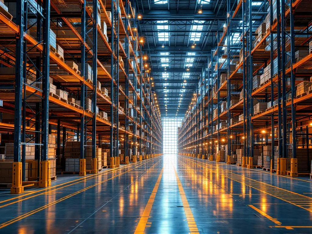 Magazijn interieur met moderne palletrekken, stalen balken en uitbreidingsconstructie met industriële verlichting