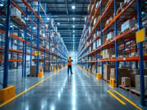 Moderne magazijnruimte met blauwe stellingensystemen, veiligheidszones en werknemer in veiligheidskleding die juiste heftechniek toont