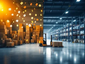 Magazijnverhuizing met kostenplaatjes links en georganiseerd nieuw magazijn rechts, heftruck verplaatst pallets