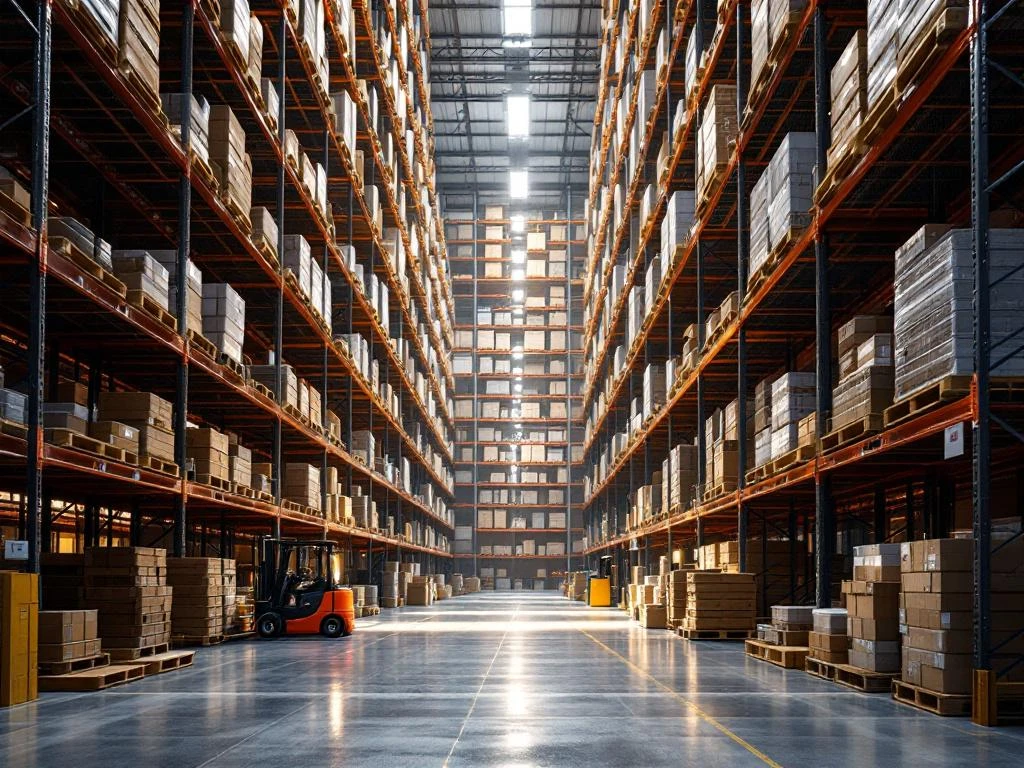 Moderne magazijnhal met hoge palletstellingen en verticale opslagsystemen die ruimteoptimalisatie demonstreren