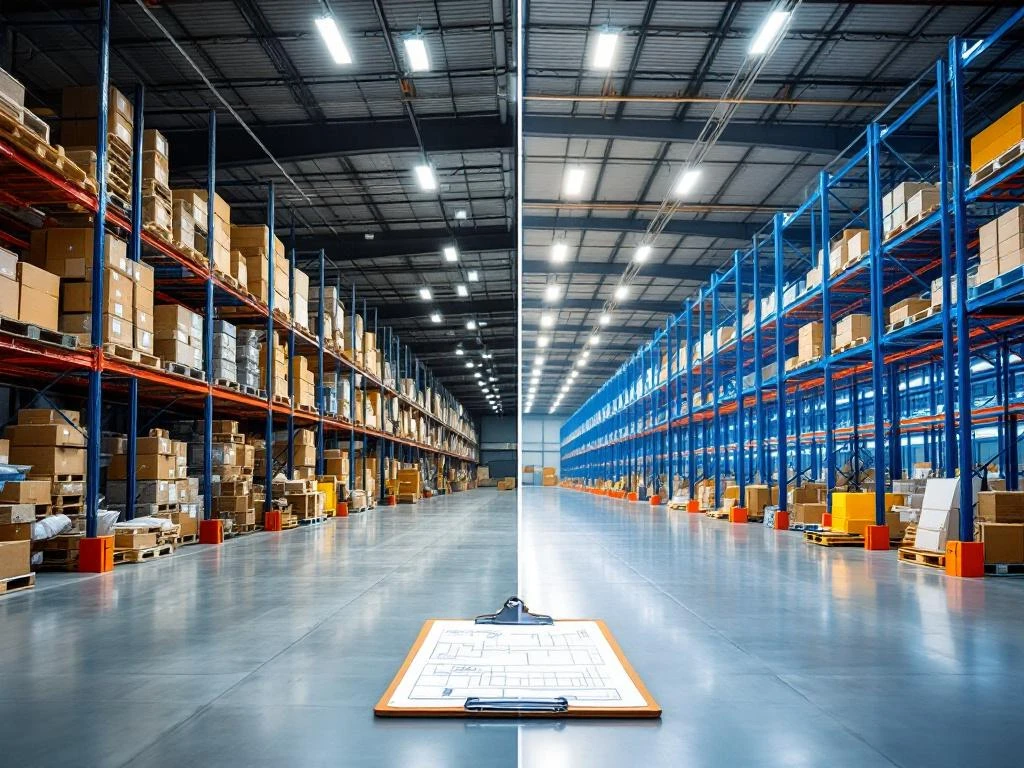 Magazijninrichting transformatie: rommelige opslag links versus georganiseerde blauwe palletrekken rechts met optimale verticale opslag