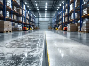 Magazijnvloer vergelijking met gepolijst beton en epoxy coating, pallettrucks en industriële verlichting zichtbaar