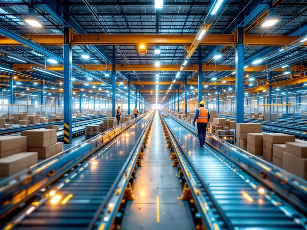 Modern geautomatiseerd magazijn met blauwe stellingen, transportbanden en medewerkers in veiligheidskleding