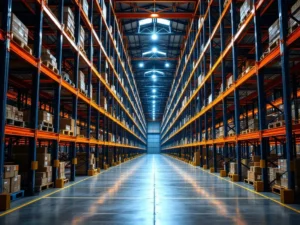 Industriële palletstellingen in magazijn met stalen steunen en oranje veiligheidsbalken onder warme verlichting