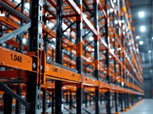 Oranje industriële palletrekken in moderne magazijn met meerdere niveaus en LED-verlichting