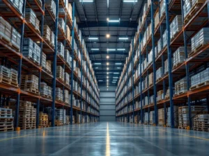 Industrieel magazijn met massieve zware palletrekken die zich uitstrekken naar hoge plafonds, verlicht door LED-verlichting