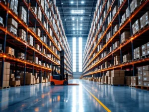 Moderne oranje heftruck in groot magazijn met hoge stellingkasten, georganiseerde pallets en LED-verlichting