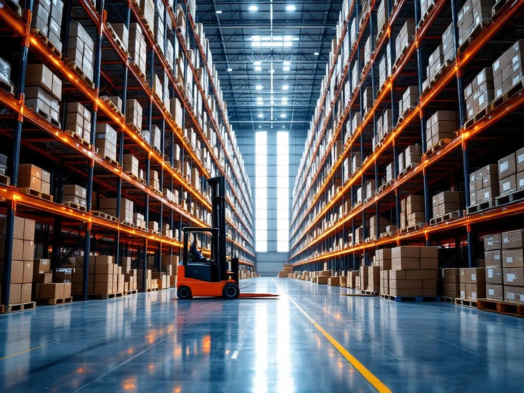 Moderne oranje heftruck in groot magazijn met hoge stellingkasten, georganiseerde pallets en LED-verlichting