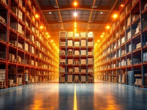 Magazijninterieur met drie opslagsystemen: oranje palletrekken, grijze stellingen en geautomatiseerde opslagtorens