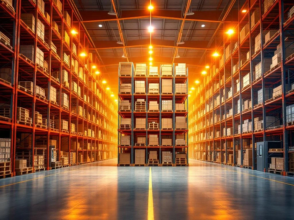 Magazijninterieur met drie opslagsystemen: oranje palletrekken, grijze stellingen en geautomatiseerde opslagtorens