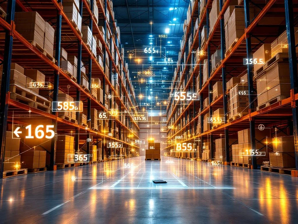 Magazijn met hoge palletrekken vol dozen, wiskundige berekeningen en meetgereedschap op betonnen vloer