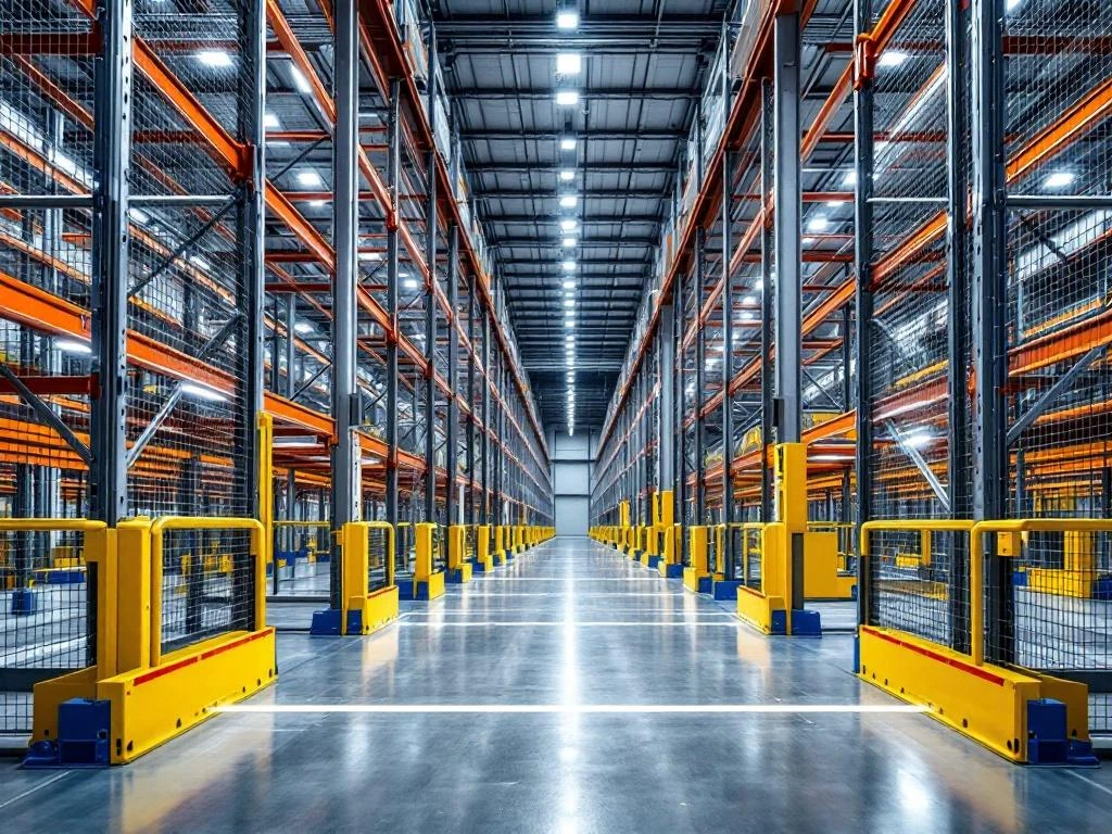Moderne magazijn met palletrekken, gele veiligheidsbarrières, LED-verlichting en kleurrijke beschermingsaccessoires