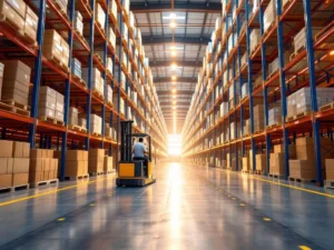 Magazijn met hoge palletrekken vol georganiseerde dozen, vorkheftruck op voorgrond, oranje-blauwe stalen frame