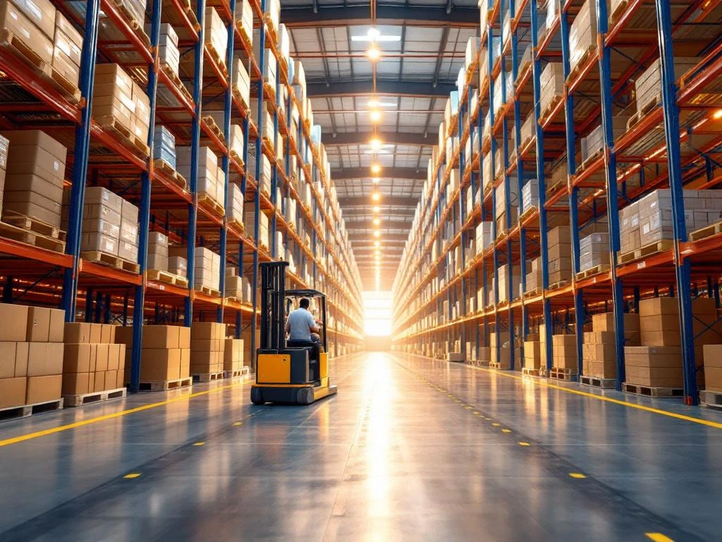 Magazijn met hoge palletrekken vol georganiseerde dozen, vorkheftruck op voorgrond, oranje-blauwe stalen frame
