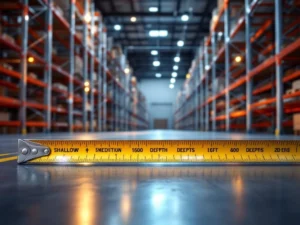 Magazijn met palletrekken van verschillende dieptes, meetlint op voorgrond, industriële verlichting en veiligheidsmarkering