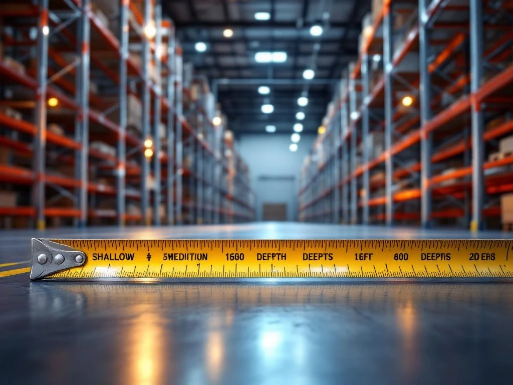 Magazijn met palletrekken van verschillende dieptes, meetlint op voorgrond, industriële verlichting en veiligheidsmarkering