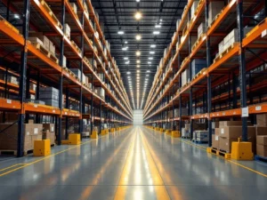 Magazijninterieur met meerlagige palletrekken, LED-verlichting, oranje veiligheidshekken en gele vorkheftruckpaden