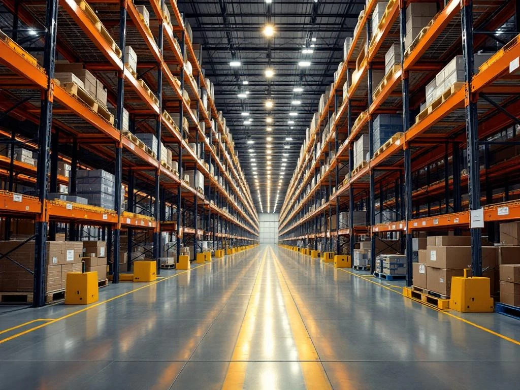 Magazijninterieur met meerlagige palletrekken, LED-verlichting, oranje veiligheidshekken en gele vorkheftruckpaden