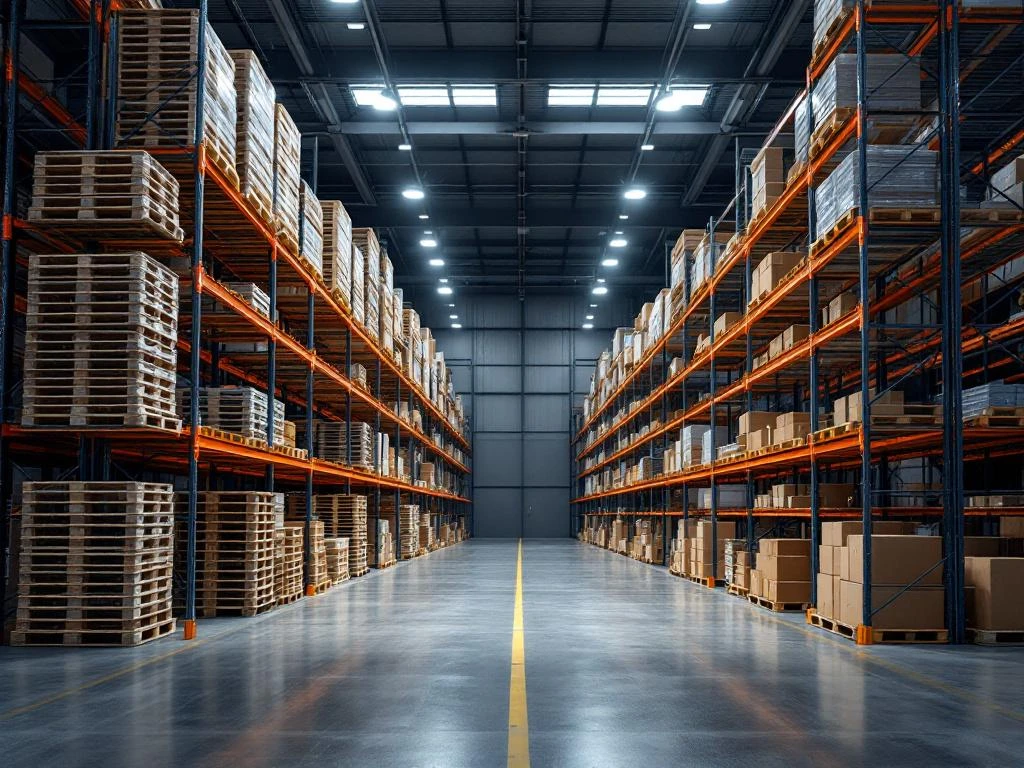 Magazijninterieur met palletrekken links en metalen stellingrekken rechts, industriële verlichting op betonnen vloer