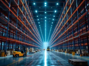 Industriële palletrekken uitbreiding in magazijn met blauwe en oranje stellingen, heftrucks en constructietools