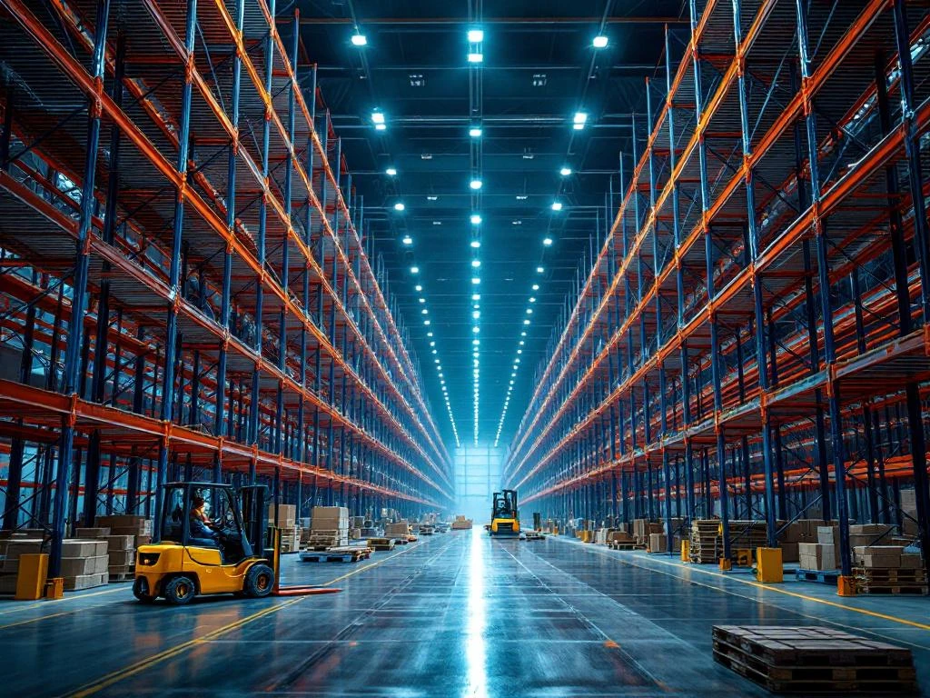 Industriële palletrekken uitbreiding in magazijn met blauwe en oranje stellingen, heftrucks en constructietools