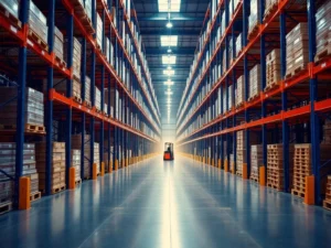 Moderne magazijninterior met palletstellingen, vorkheftruck en georganiseerde opslag onder LED-verlichting