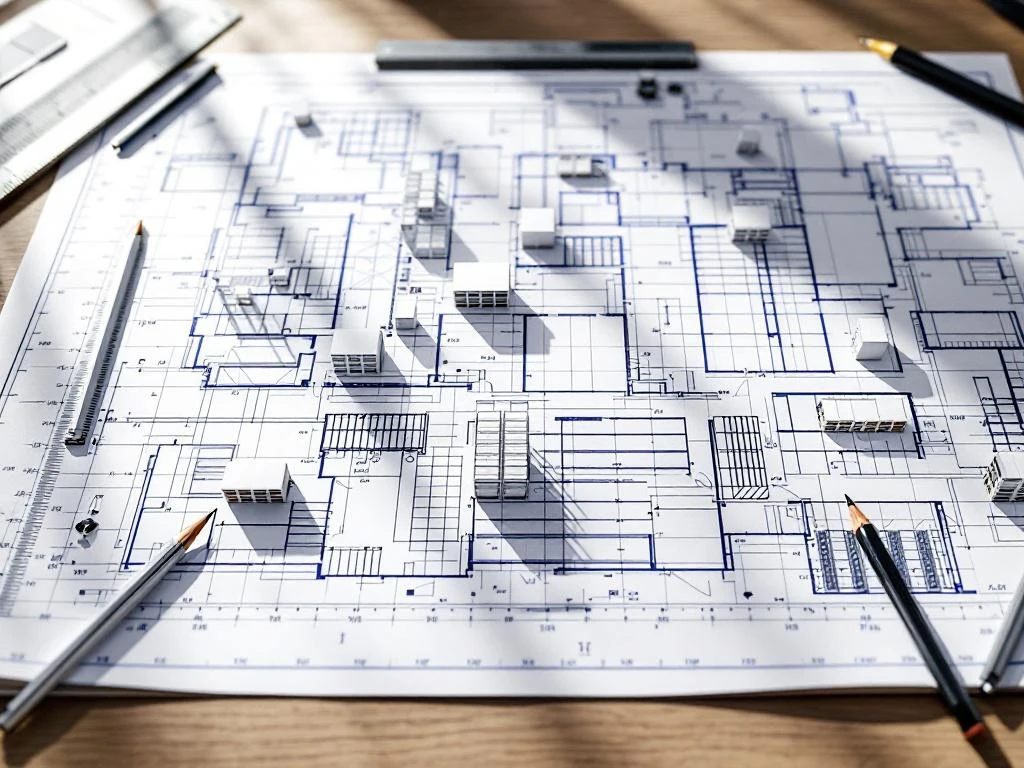 Magazijn plattegrond blauwdruk op houten bureau met miniatuur palletrekken en technische tekengereedschappen