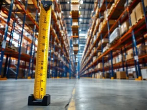 Magazijn met hoge palletrekken en oranje stalen constructie, gemeten met meetlint op betonnen vloer