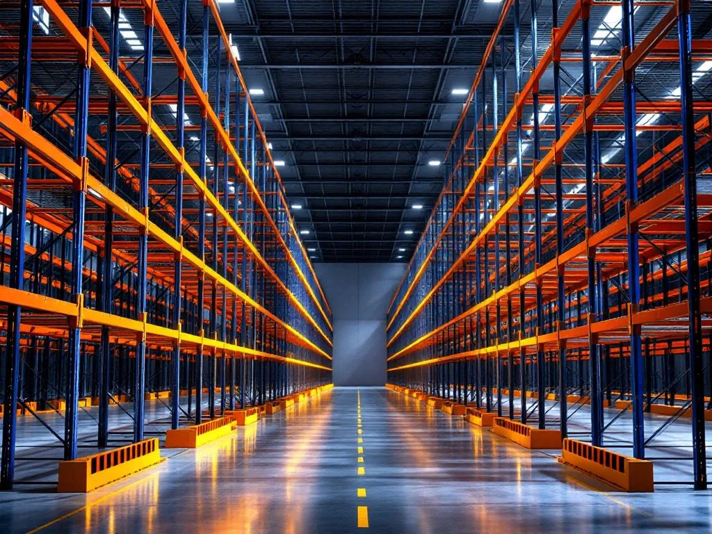 Magazijninterieur met industriële palletrekken in blauw en grijs, oranje veiligheidsbarrières en gemarkeerde gangpaden