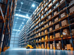 Magazijninterieur met hoge stellingkasten vol dozen, gele heftruck en LED-verlichting in industriële opslagruimte