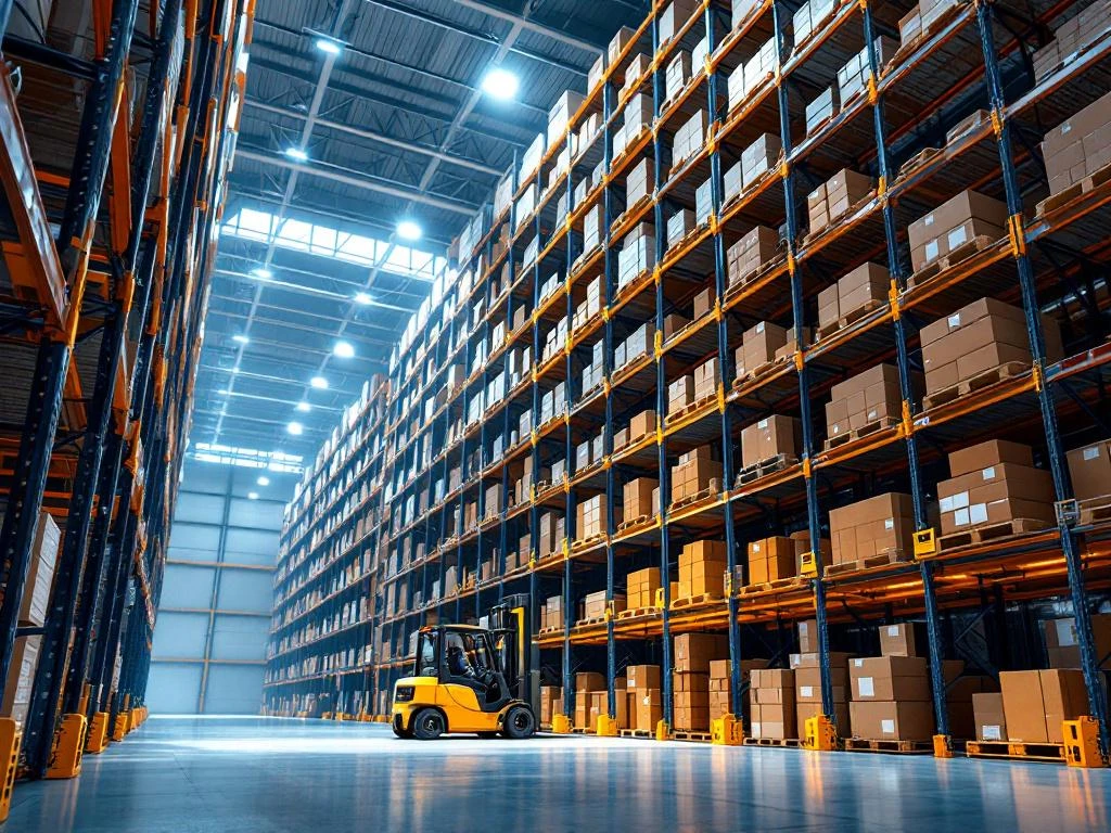 Magazijninterieur met hoge stellingkasten vol dozen, gele heftruck en LED-verlichting in industriële opslagruimte