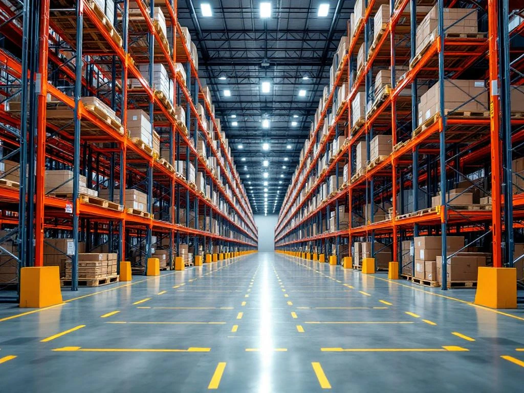 Magazijn met hoge palletrekken, oranje stalen frames, houten pallets met dozen en gele veiligheidsmarkeringen op betonvloer