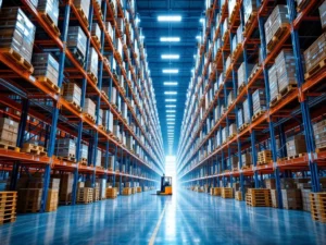 Magazijn met hoge palletrekken, vorkheftruck en georganiseerde opslag onder LED-verlichting in industriële setting