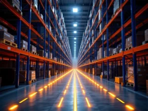 Magazijninterieur met blauwe en oranje stellingsystemen, LED-geleide pickroutes en geoptimaliseerde palletopslag