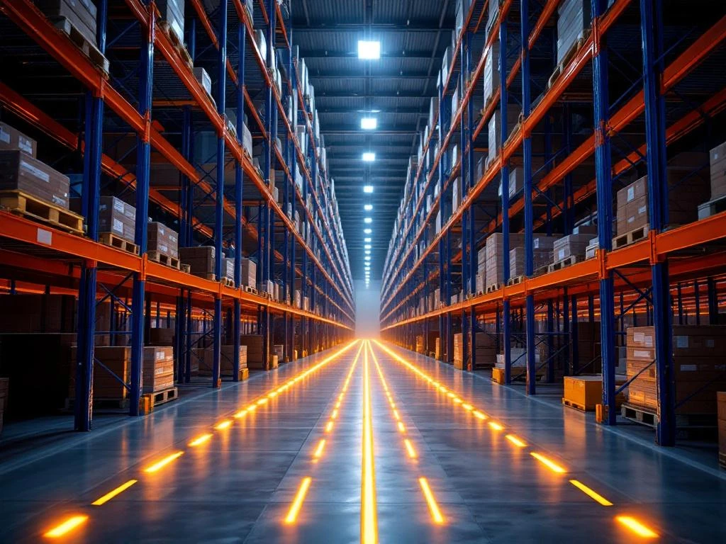 Magazijninterieur met blauwe en oranje stellingsystemen, LED-geleide pickroutes en geoptimaliseerde palletopslag