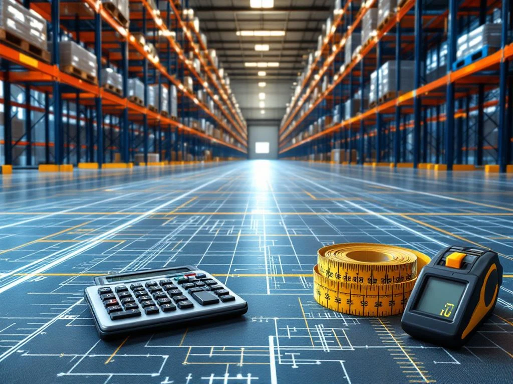 Magazijnvloer van bovenaf met meetgereedschap en rekensystemen voor ruimteplanning in industriële omgeving
