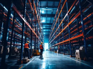 Werknemers in veiligheidspakken installeren oranje en blauwe palletrekken in professioneel magazijn met industriële verlichting