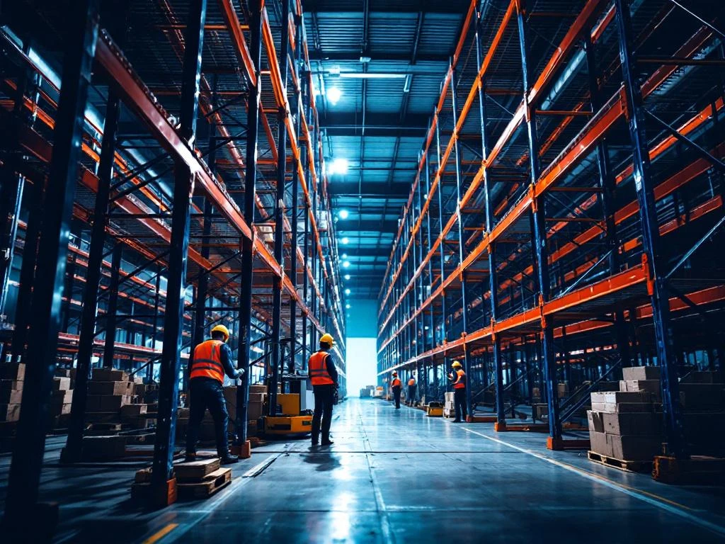 Werknemers in veiligheidspakken installeren oranje en blauwe palletrekken in professioneel magazijn met industriële verlichting