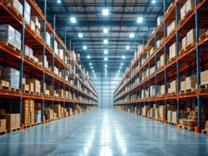 Magazijn met oranje stalen palletrekken gevuld met houten pallets en dozen, industriële LED-verlichting op betonvloer