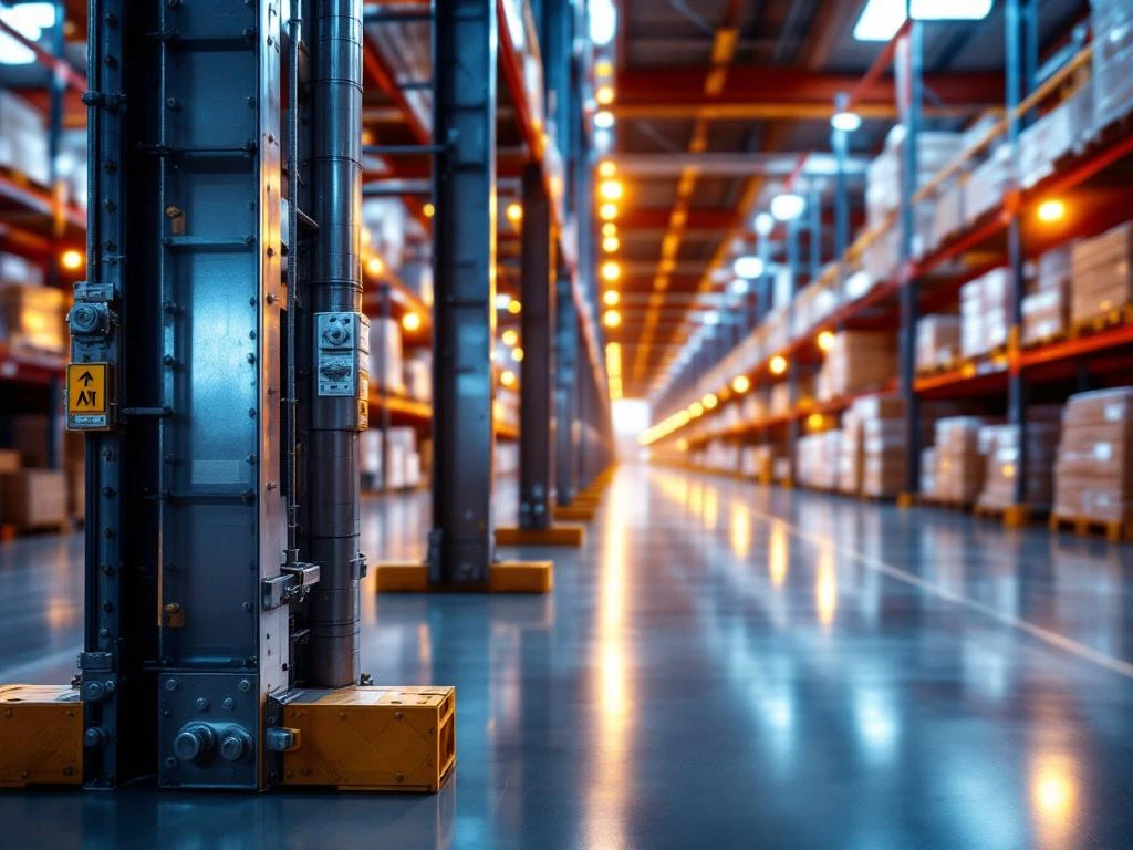 Industrieel magazijn met stalen palletrekken en warme verlichting die dramatische schaduwen creëert op metalen oppervlakken.