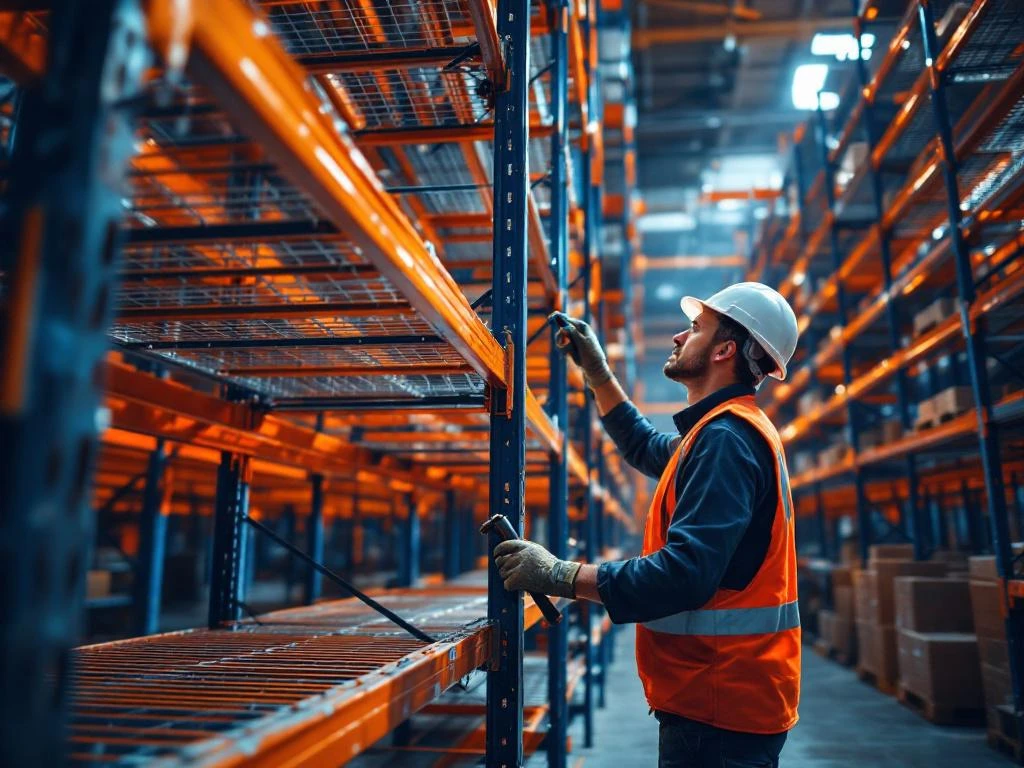 Magazijnmedewerker in veiligheidskleding demonteert palletstelsel met professionele gereedschappen in industrieel magazijn