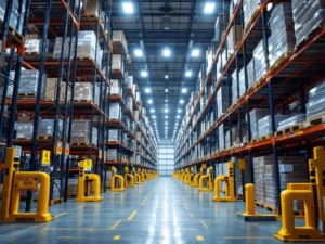 Magazijn met hoge palletrekken, veiligheidsuitrusting, LED-verlichting en gele markeringen op georganiseerde vloer