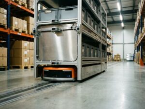 Moderne mobiele magazijnstellingunit met sensoren en AGV-robot in geautomatiseerd warehouse met LED-verlichting