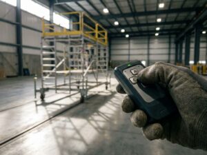 Bouwvakker bedient draadloze afstandsbediening om mobiel steigersysteem te verplaatsen in industriële magazijn