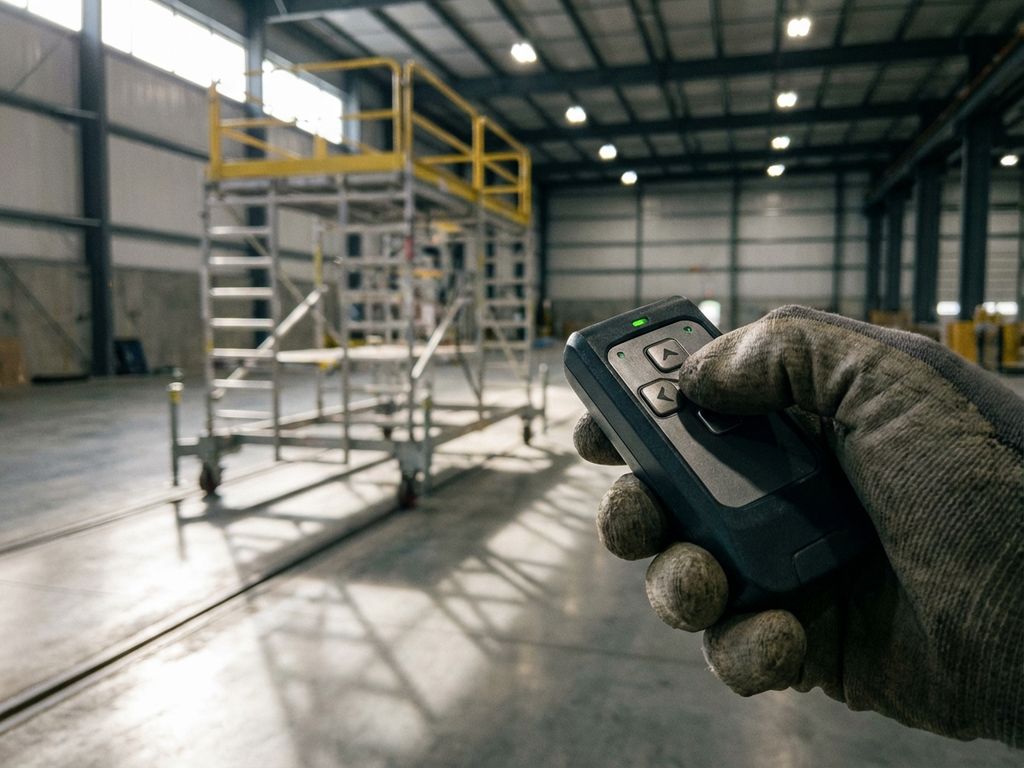 Bouwvakker bedient draadloze afstandsbediening om mobiel steigersysteem te verplaatsen in industriële magazijn