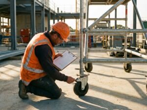 Bouwvakker in oranje vest inspecteert mobiele steiger met checklist op industriële bouwplaats
