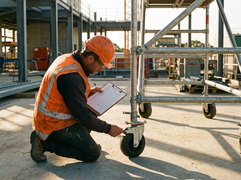 Bouwvakker in oranje vest inspecteert mobiele steiger met checklist op industriële bouwplaats