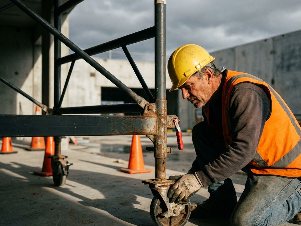Bouwvakker inspecteert mobiele steiger, controleert veiligheidsloten en remmen op bouwplaats met veiligheidskegels